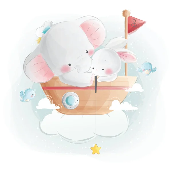 Cartoon Vektor Illustration Von Baby Elefant Und Hase Fishing Star — Stockvektor