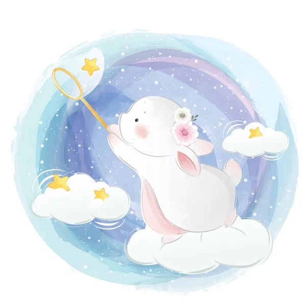 Illustration Vectorielle Dessin Animé Mignon Lapin Attraper Des Étoiles — Image vectorielle