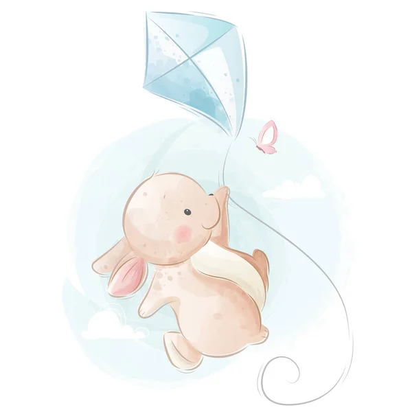 Cartoon Vector Illustration Little Bunny Flying Kite — Stock Vector