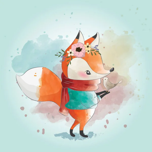Illustrazione Del Fumetto Vettoriale Little Fox Carrying Bird — Vettoriale Stock