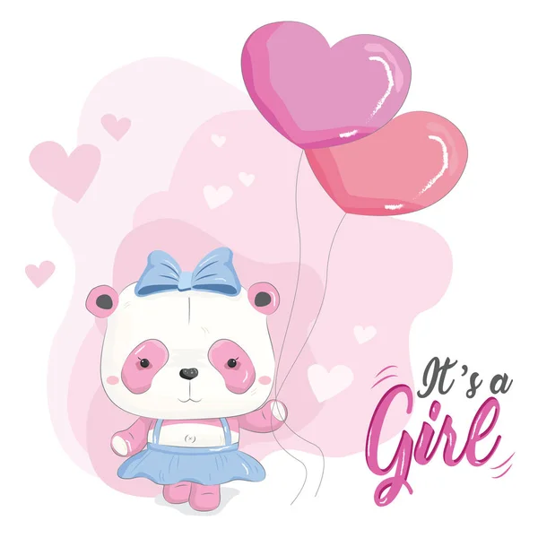 Desenho Animado Vetor Ilustração Bebê Panda Menina Segurando Amor Balões — Vetor de Stock