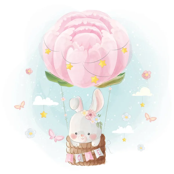 Cartoon Vektor Illustration Von Cute Bunny Flying Flower Balloon — Stockvektor