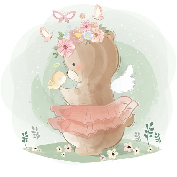 Cartoon Vector Illustration Angelic Bear Little Bird — Stock Vector