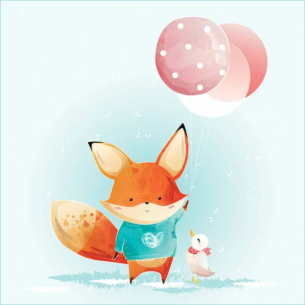Illustrazione Del Fumetto Vettoriale Little Fox Holding Palloncino Natale Anatra — Vettoriale Stock