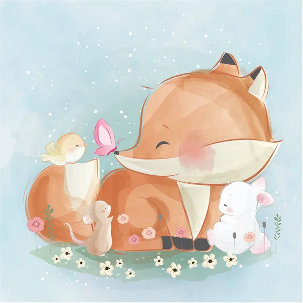 Cartoon Vector Illustration Little Foxy Friends — Stock Vector