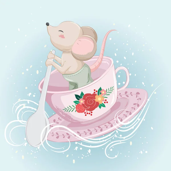 ベクトル漫画イラスト Little Mouse Tea Cup — ストックベクタ