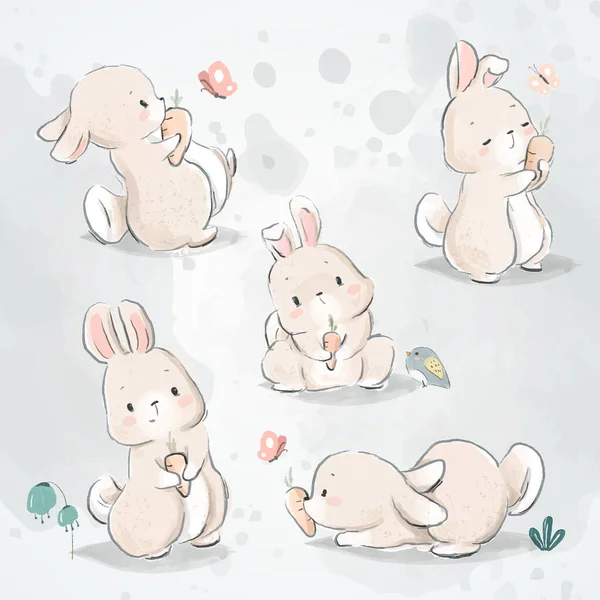 Мультфильм Векторная Иллюстрация Bunnies Doodle Set — стоковый вектор