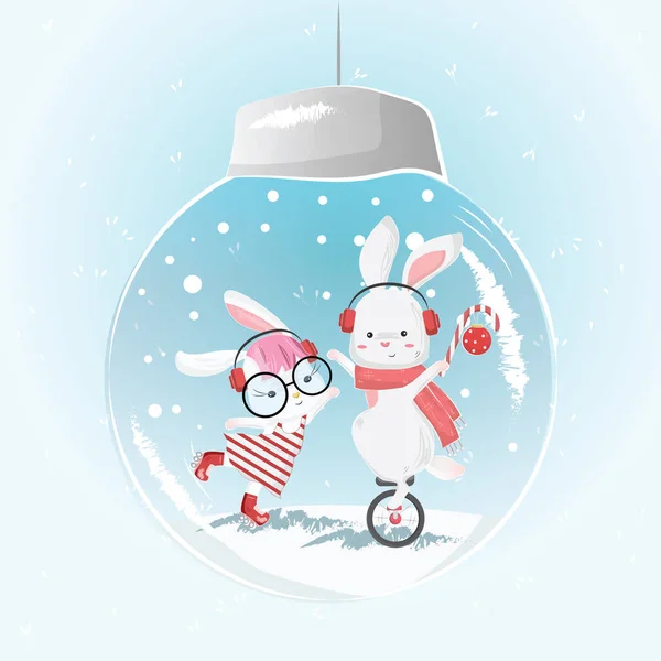 Illustration Vectorielle Dessin Animé Lapins Cirque Mignon Dans Ampoule Noël — Image vectorielle