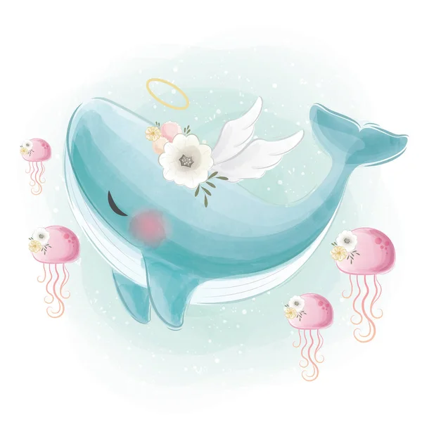 マンガベクトルイラスト Angelic Whale水泳With Jelleyfish — ストックベクタ