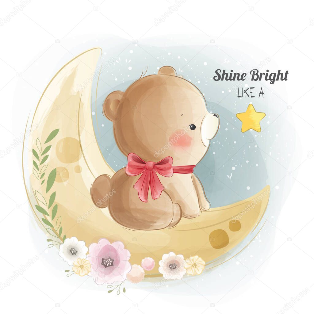 cartoon vector illustration of Cute Bear Sitting on Moon