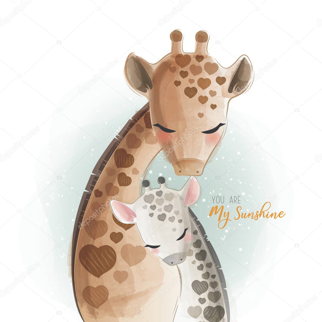 cartoon vector illustration of Mommy and Baby Giraffes - You Are My Sunshine