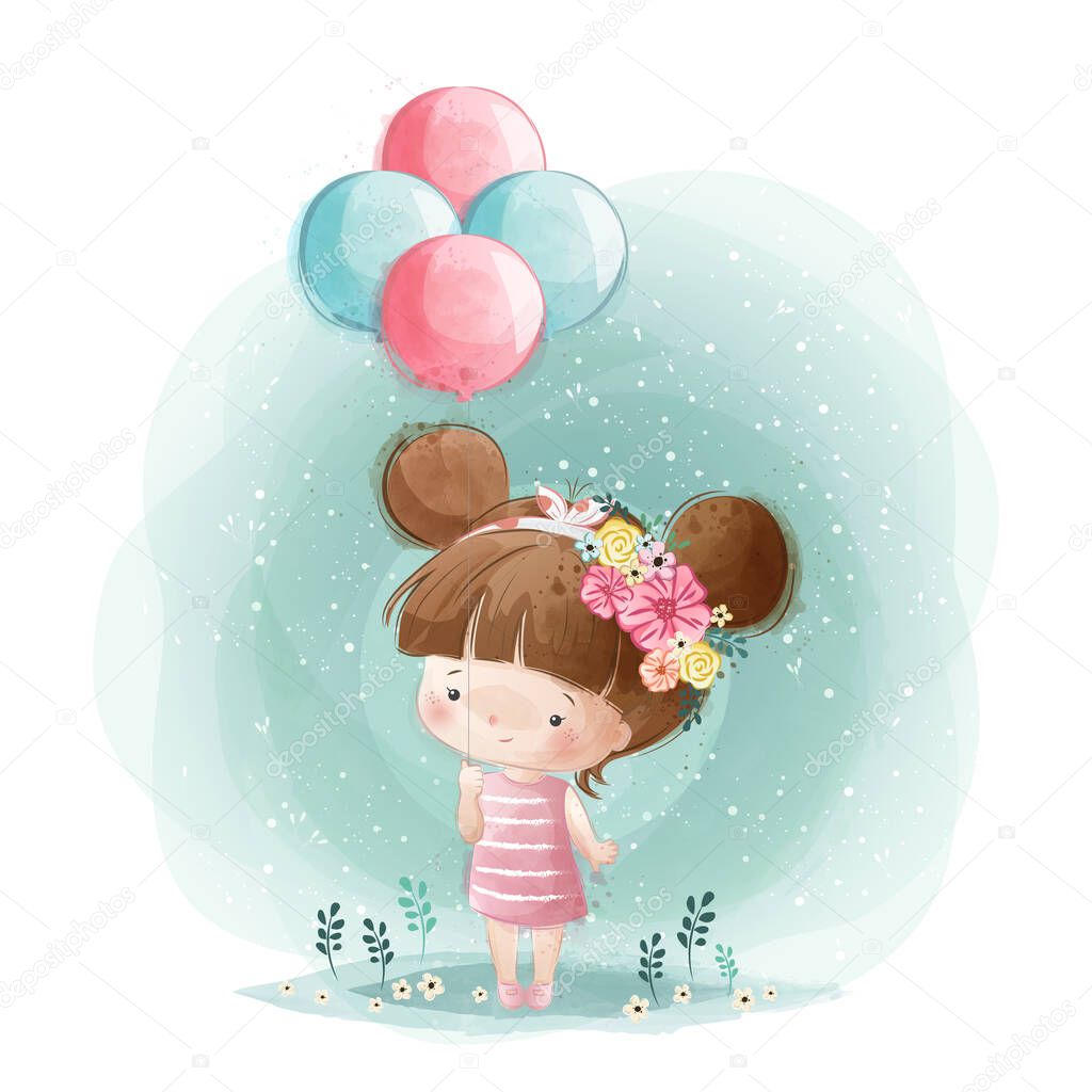 cartoon vector illustration of Cute Little Girl Holding Balloons