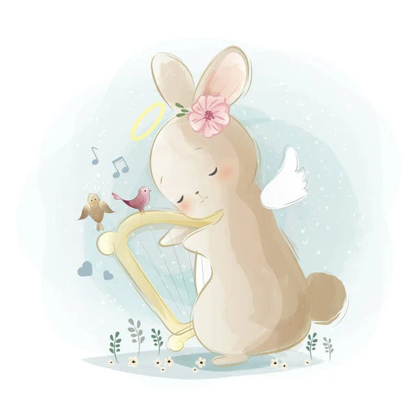 Ангельский Кролик Играющий Арфе — стоковый вектор