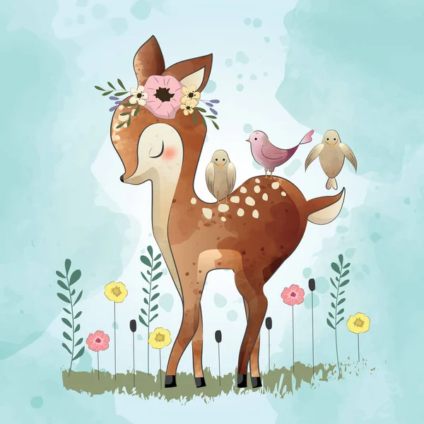 かわいい鹿と鳥の友達 — ストックベクタ