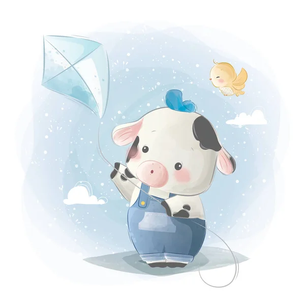 Little Calf Boy Playing Kite — Stock Vector