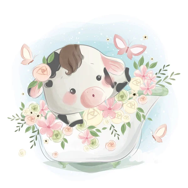春のお風呂の中の小さな子牛 — ストックベクタ