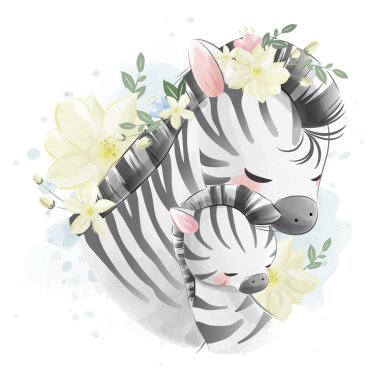 Anne ve Bebek Zebra birbirlerine sarılıyorlar.