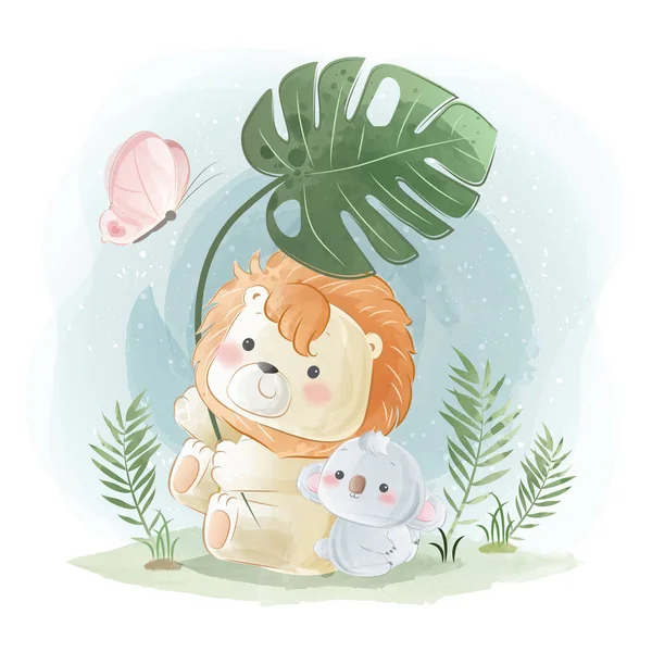 Little Safari Lion Spelen Met Een Blad — Stockvector