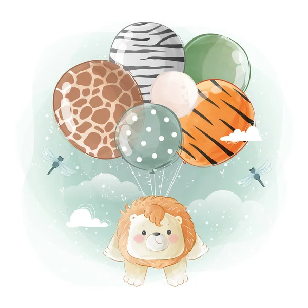 Little Safari Lion Flying Animal Printed Balloons — Stock Vector