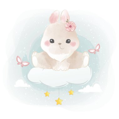Sevimli Küçük Tavşan Bulutun Üzerinde Oturuyor