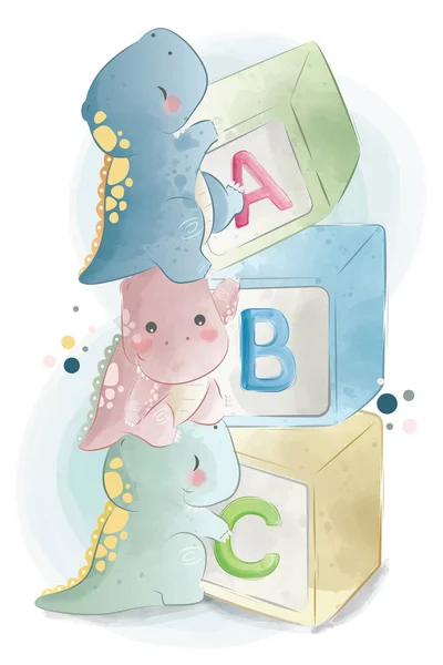 Cute Baby Dinos Playing Blocks — Stock Vector