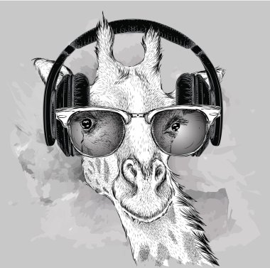 Portrait of giraffe with glasses and headphones. Vector illustration clipart