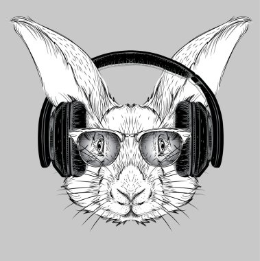 Gözlük ve kulaklık tavşan görüntüsü. Vektör çizim.