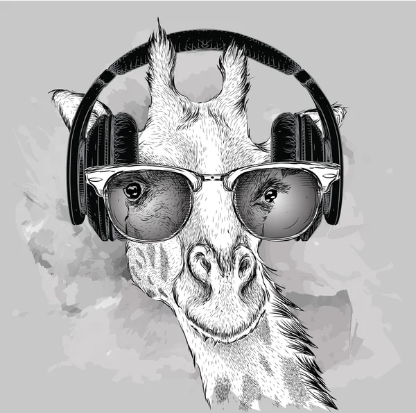 Portret van giraffe met glazen en hoofdtelefoons. Vectorillustratie — Stockvector