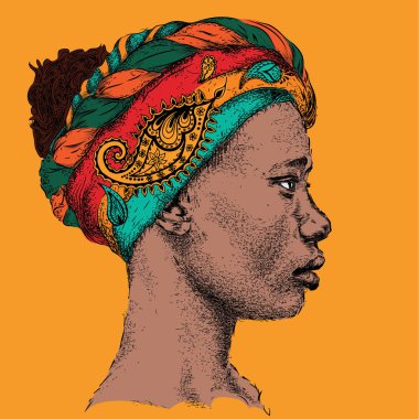 Paisley ile türbanlı güzel Afro-Amerikan kız. Güzel siyah kadın. Profil görünümü. El çizim vektör illüstrasyon