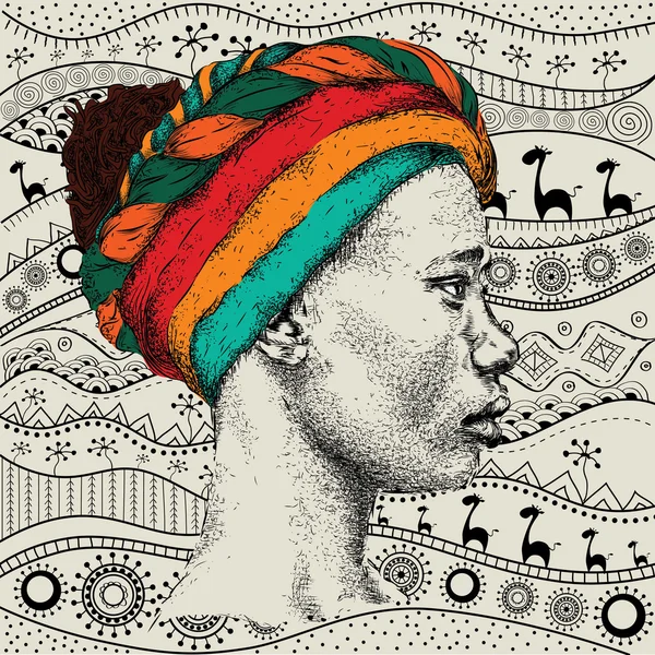 Fille en turban avec motif ethno main africaine, arrière-plan tribal. Belle femme noire. Vue de profil. Illustration vectorielle — Image vectorielle