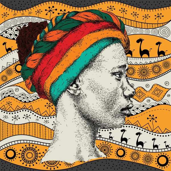 Fille en turban avec motif ethno main africaine, arrière-plan tribal. Belle femme noire. Vue de profil. Illustration vectorielle — Image vectorielle