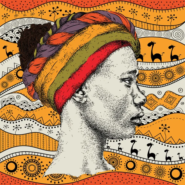 アフリカの手でターバンの少女民族パターン、部族の背景を描画します。美しい黒人女性。縦断ビュー。ベクトル図 — ストックベクタ