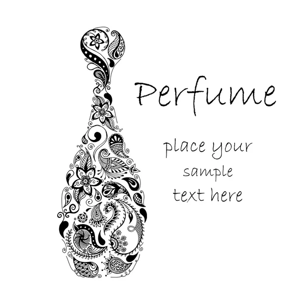 Botella de perfume con dibujos. Batik, garabato, diseño de zentangle. Se puede utilizar para camisa, bolso, postal y póster . — Vector de stock