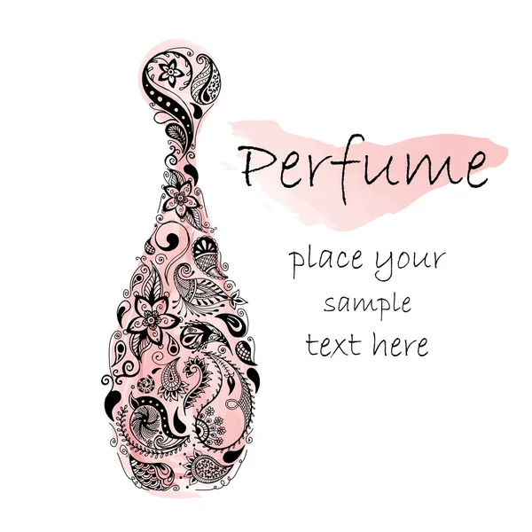 Botella de perfume con dibujos. Batik, garabato, diseño de zentangle. Se puede utilizar para camisa, bolso, postal y póster . — Vector de stock