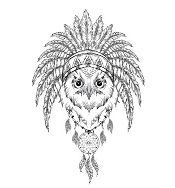 Baykuş Hint roach. Kızılderili tüy headdress kartal. El çizmek vektör çizim