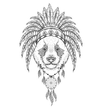 Panda Hint hamamböceği. Kızılderili tüy headdress kartal. El çizmek vektör çizim