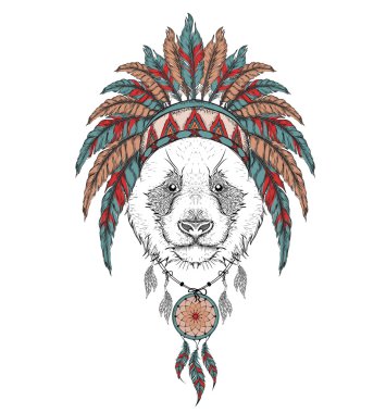Panda Hint hamamböceği. Kızılderili tüy headdress kartal. El çizmek vektör çizim