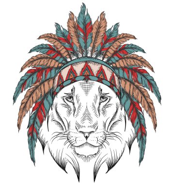 Aslan Hint hamamböceği. Kızılderili tüy headdress kartal. El çizmek vektör çizim