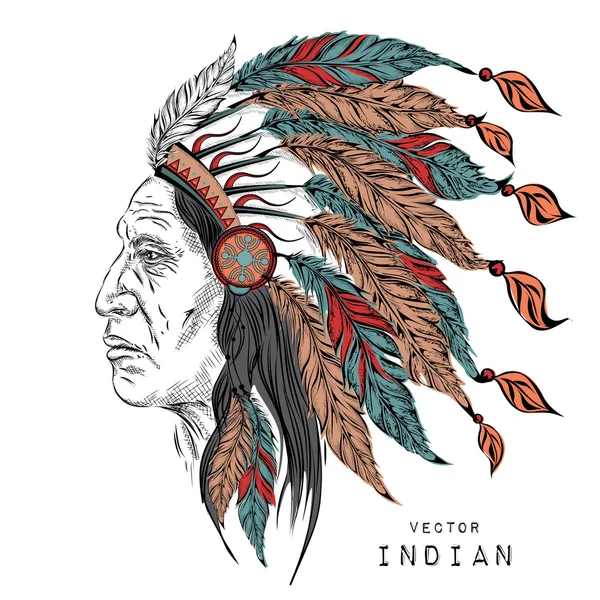 Hombre en el jefe indio nativo americano. Cucaracha negra. Tocado de plumas indias de águila. Dibujar a mano vector ilustración — Vector de stock