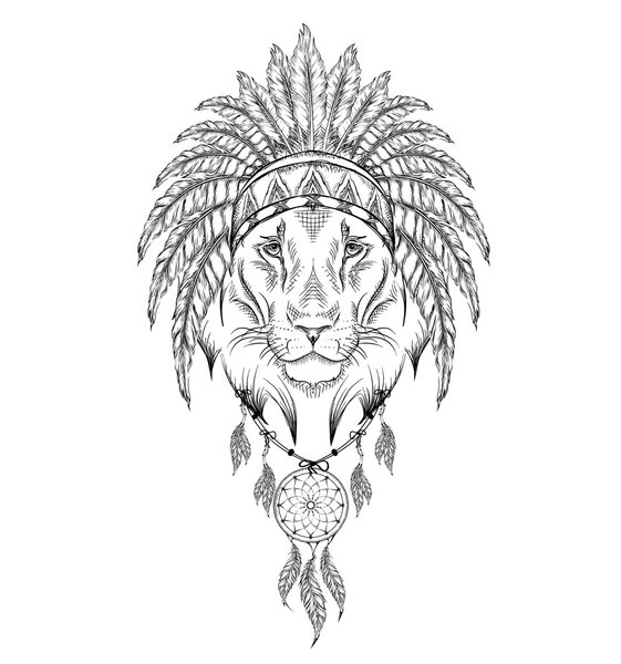Lion in the Indian roach. Indian feather headdress of eagle. Hand draw vector  illustration