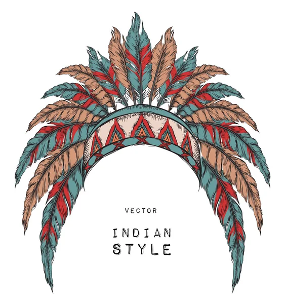 Native American Indian chief gekleurd. Rode en zwarte voorn. Indiase veren hoofdtooi van adelaar. — Stockvector