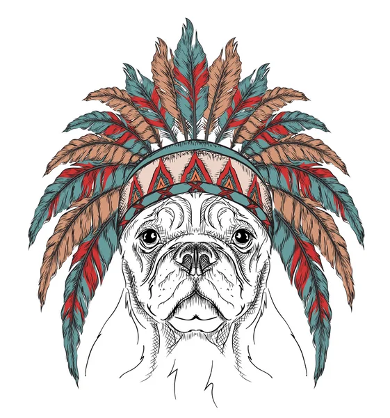 Dog in the Indian roach. Indian feather headdress of eagle. Hand draw vector  illustration — Stock Vector