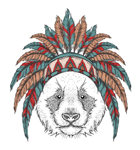 Panda in the Indian roach. Indian feather headdress of eagle. Hand draw vector  illustration