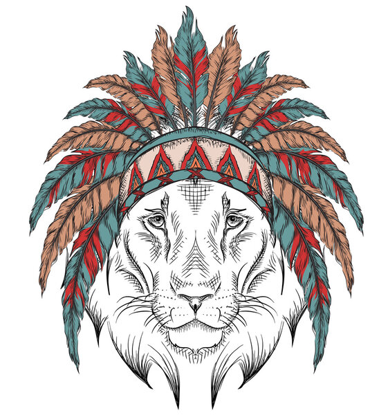 Lion in the Indian roach. Indian feather headdress of eagle. Hand draw vector  illustration