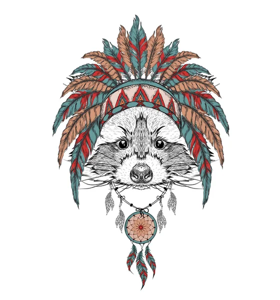 Mapache en cucaracha india. Tocado de plumas indias de águila. Ilustración vectorial dibujada a mano — Archivo Imágenes Vectoriales