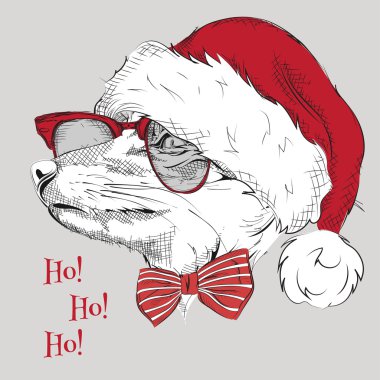 Noel poster ile görüntü fox portre Noel Baba'nın şapkalı. Vektör çizim.