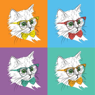Kedi kravat ve gözlüklü görüntü portresi. Pop art stil vektör çizim.