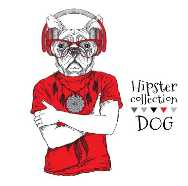 Hipster köpek giydirdi t-shirt ve gözlük, kulaklık ile. Vektör çizimi.