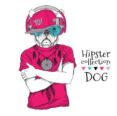Hipster dog dressed up in t-shirt, headphones, cap and with glasses. Vector illustration clipart