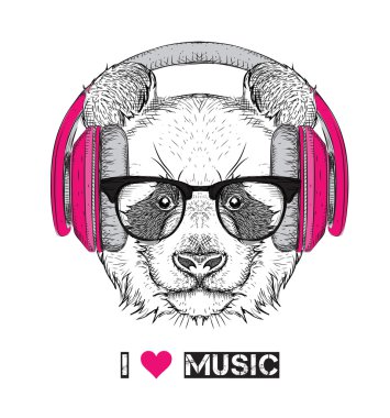 Gözlüklü, kulaklık ve hip-hop şapkalı panda görüntüsü. Vektör çizim.